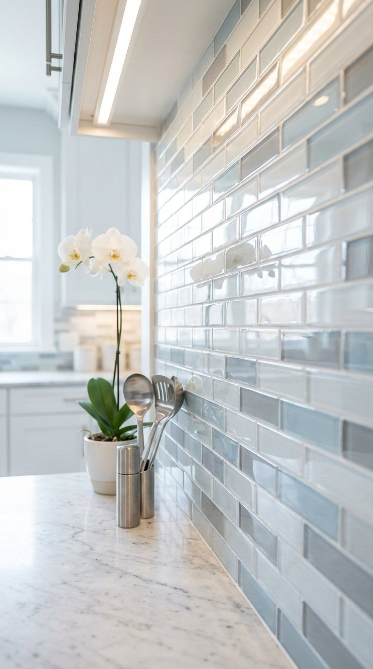 Sleek glass backsplash reflecting natural light in modern small kitchen with marble countertop and minimalist decor