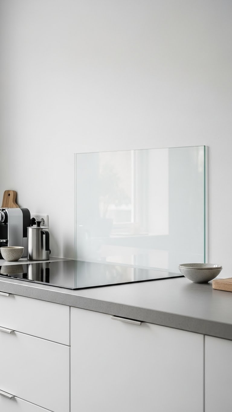 Sleek glass sheet backsplash reflecting light on polished concrete countertop with stainless steel coffee maker