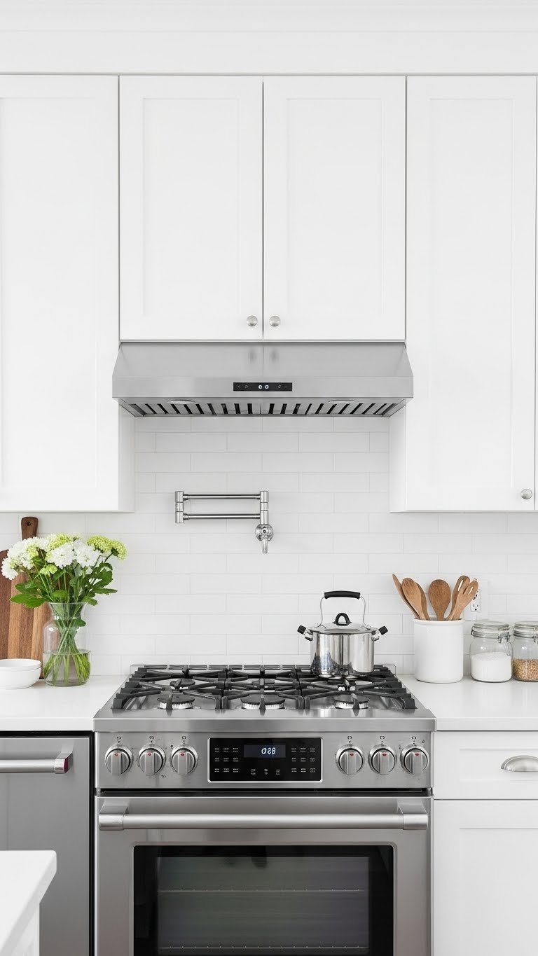Sleek glossy white kitchen with stainless steel appliances and reflective surfaces in contemporary design.