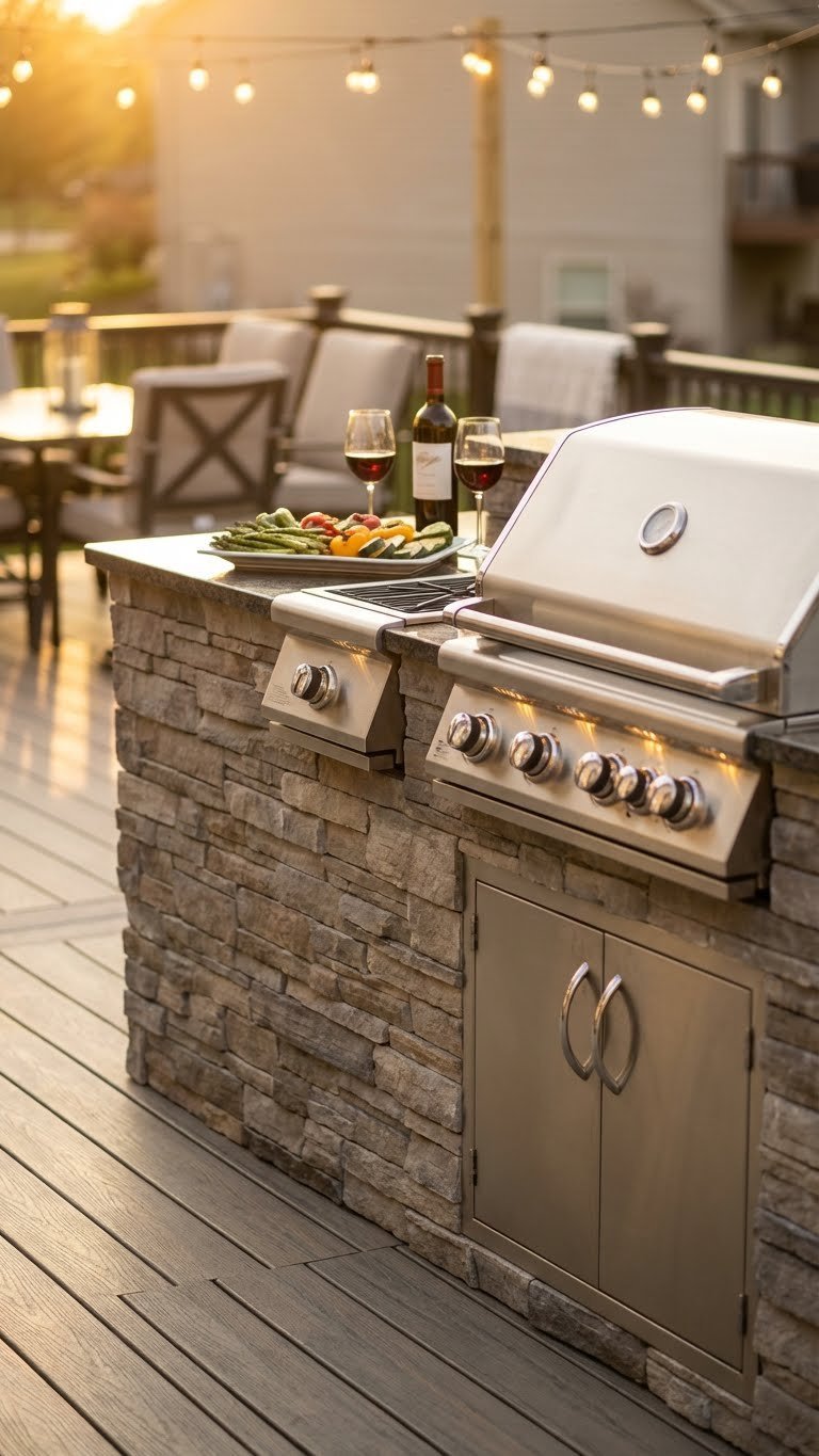 Sleek gray stacked stone prefabricated outdoor kitchen island with granite countertop on composite deck at golden hour