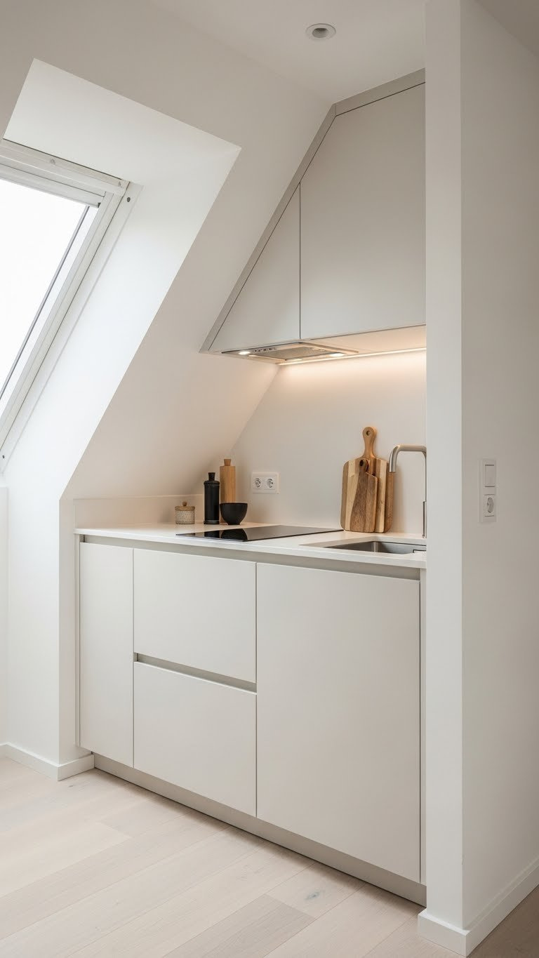 Sleek handleless cabinet system with integrated appliances beneath sloped ceiling in minimalist attic kitchen with warm cream and gray color palette