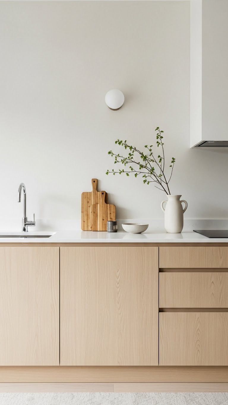 Sleek handleless kitchen cabinets with light wood finish and minimalist quartz countertop in Japandi style