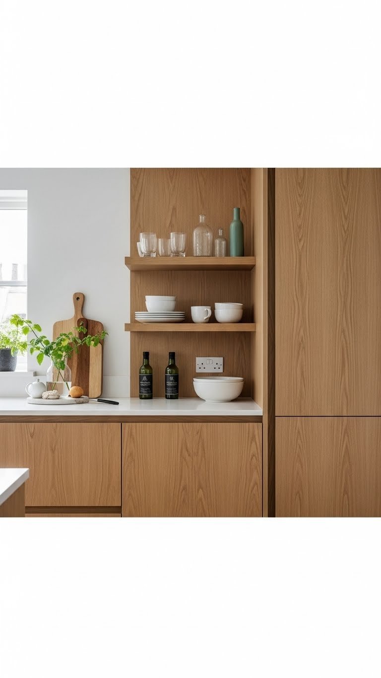 Sleek handleless oak kitchen cabinets in bright minimalist scandi kitchen with white ceramic dishes and greenery