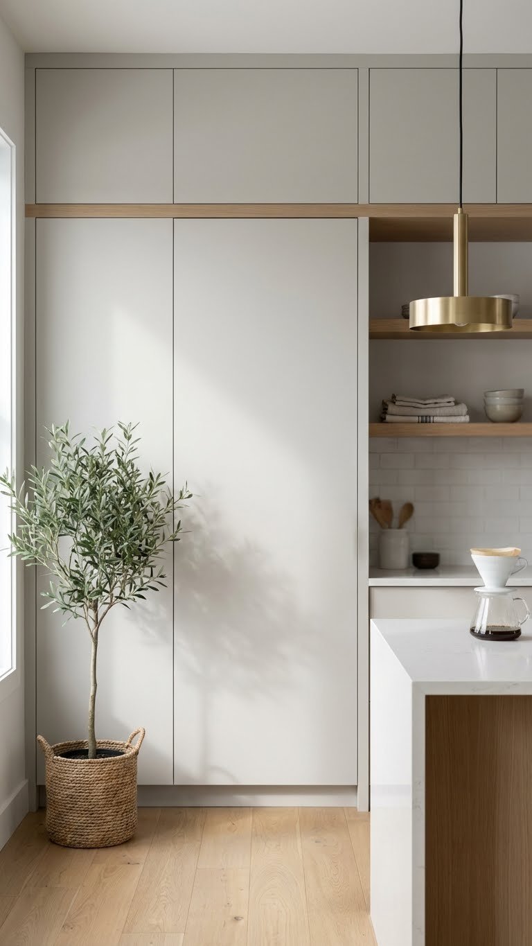 Sleek hidden pantry door seamlessly blending into a minimalist transitional kitchen wall, offering smart concealed storage and a clean aesthetic.