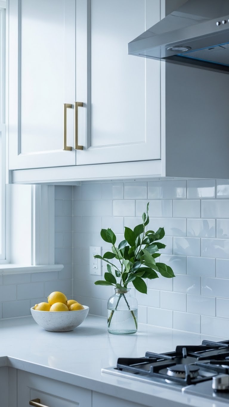 Aesthetic Small Kitchen: 11 Genius Ideas For Stylish Spaces 3 Sleek high-gloss white subway tile backsplash with reflective surfaces creating depth and brightness in a modern small kitchen.