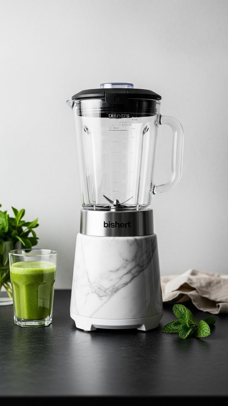 Sleek high-performance blender with marble base on dark soapstone countertop with green smoothie glass