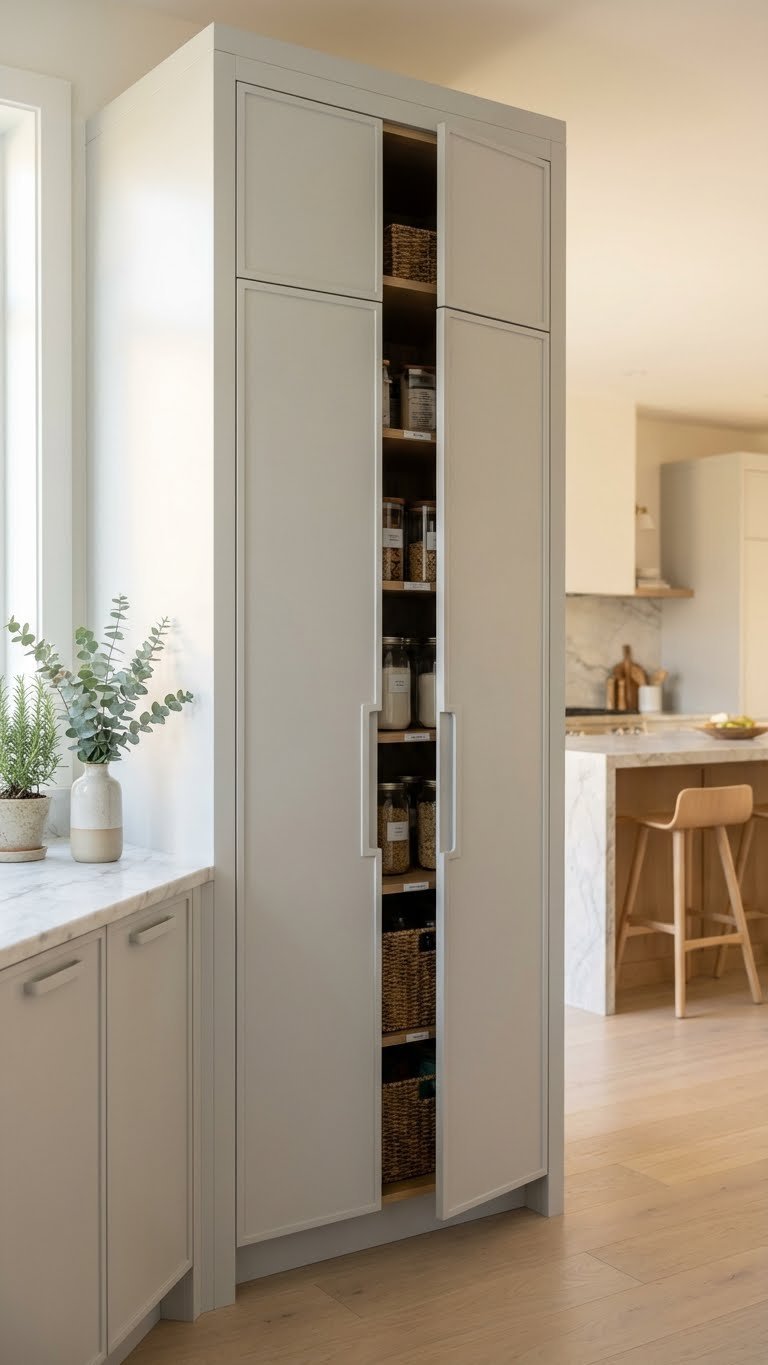 Sleek, integrated built-in pantry cabinets with matte white flat-panel doors slightly ajar, showcasing minimalist design in a modern transitional kitchen.