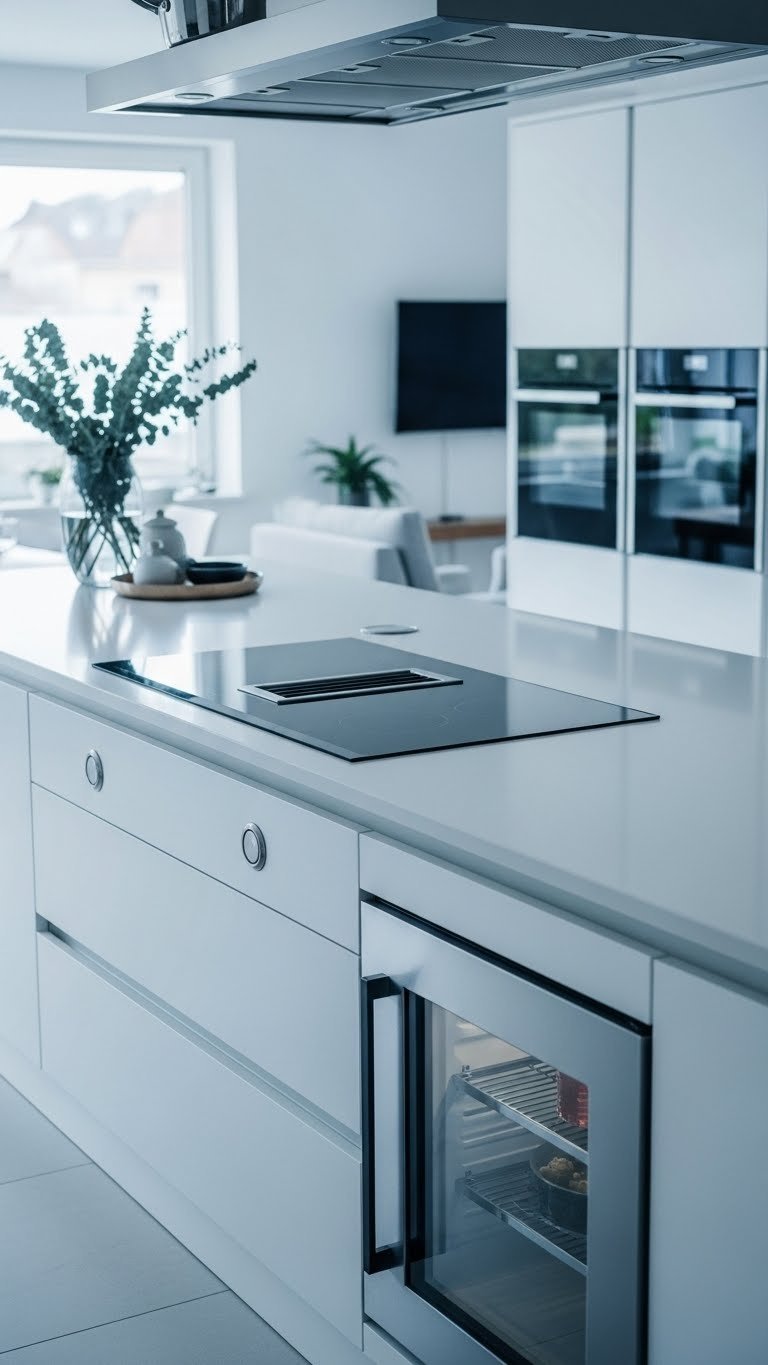 Sleek integrated kitchen island with induction cooktop and recessed warming drawer. Handleless design, monochromatic blue/white.