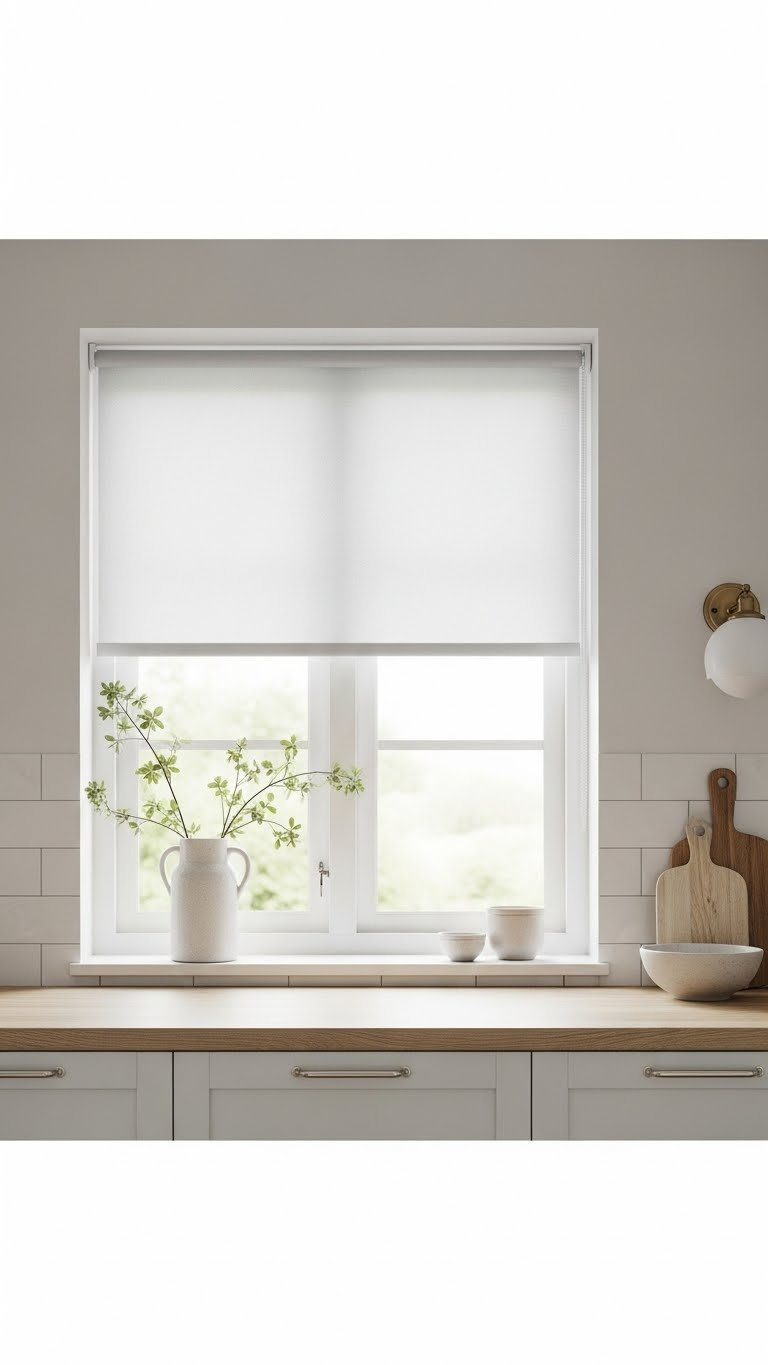 Sleek light grey roller blinds fully extended over minimalist Scandinavian kitchen window with soft natural lighting and clean white cabinetry