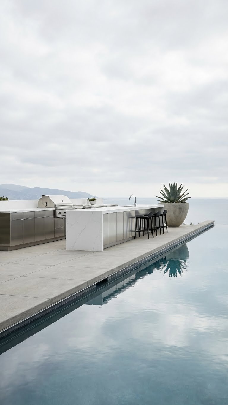 Outdoor Kitchen Pool Area Design Ideas For Luxury Entertaining 6 Sleek linear outdoor kitchen parallel to infinity pool with stainless steel cabinets and minimalist design