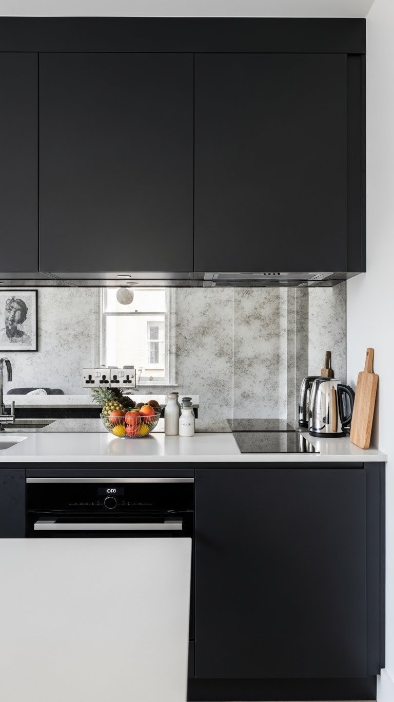 Sleek matte black cabinets with full mirrored backsplash creating depth illusion in compact modern kitchen