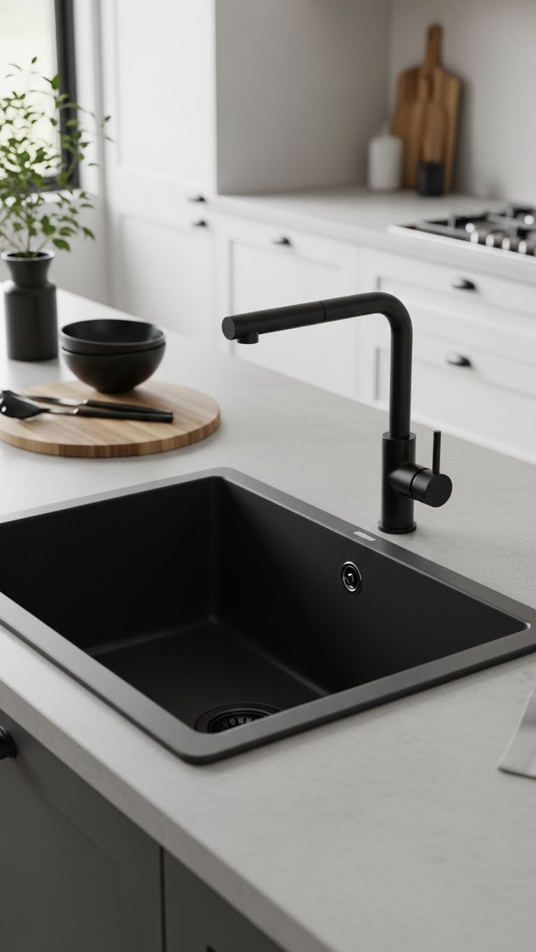 Sleek matte black composite kitchen sink with pull-down faucet on light grey concrete countertop in minimalist interior