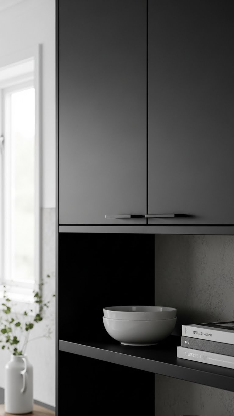 Sleek matte black flat-panel kitchen cabinets with integrated handles, minimalist decor, a white ceramic bowl. Modern high-end kitchen design.