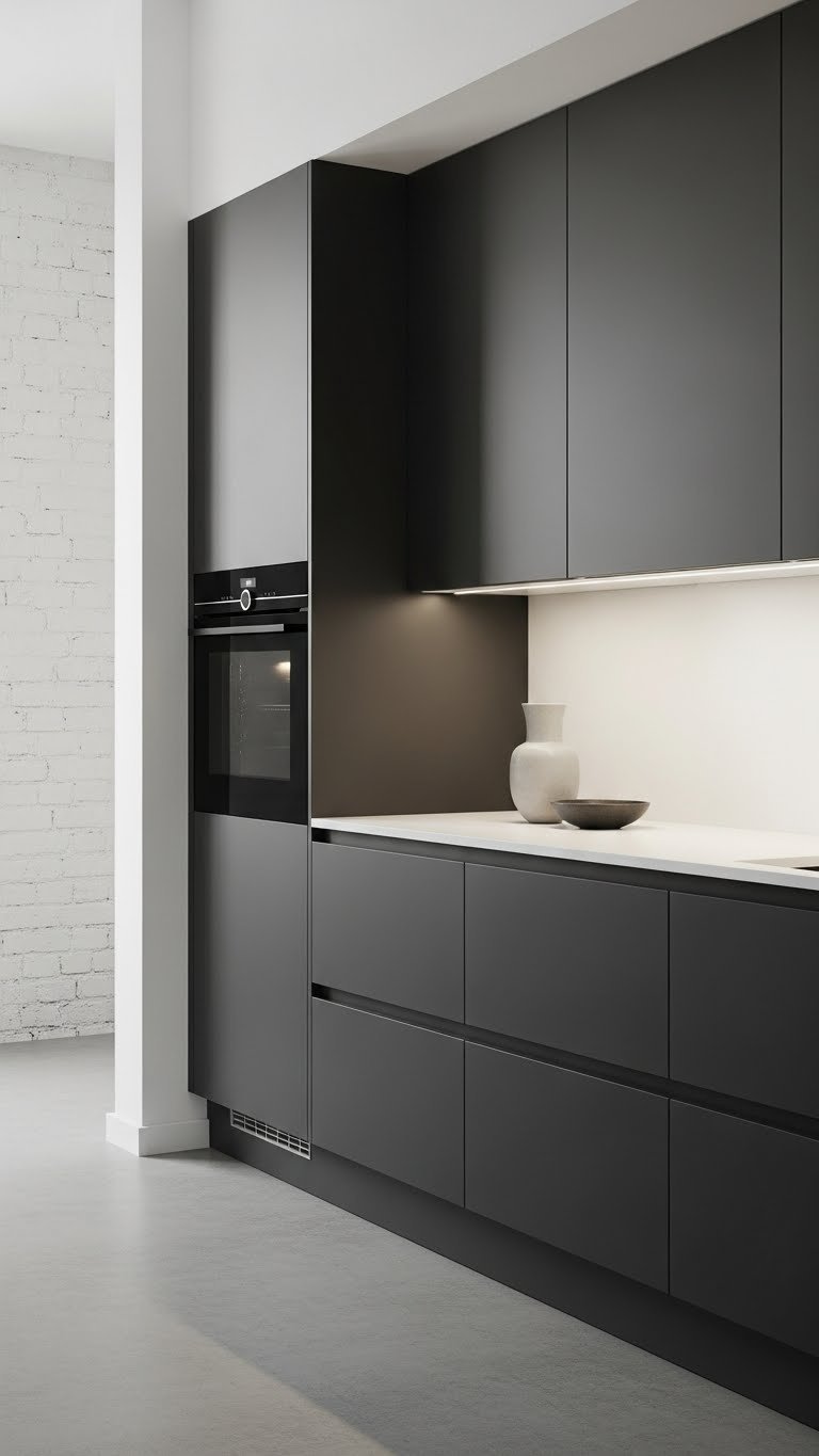 Scandi Industrial Kitchen Design: 9 Proven Ways To Maximize Style 5 Sleek matte black handleless kitchen cabinets extending to ceiling with concrete floor in industrial kitchen