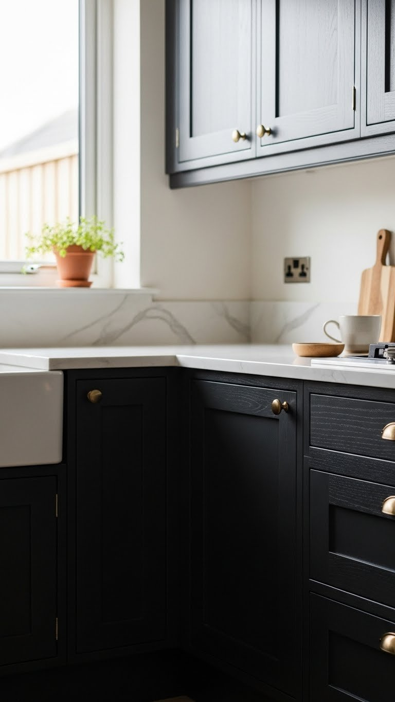 Sleek matte black handleless kitchen cabinets with clean lines against a light marble countertop in natural window light.