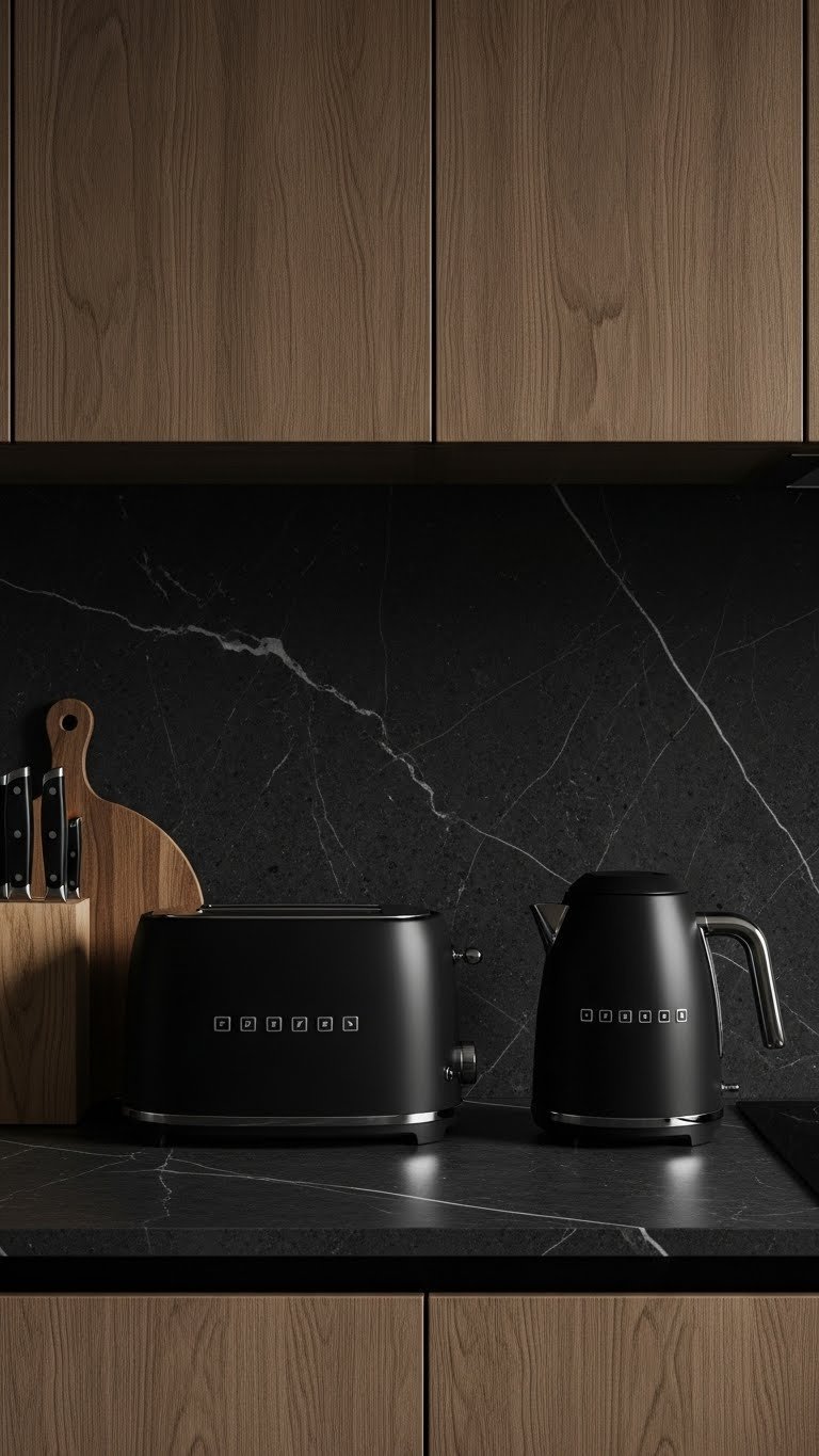 Sleek matte black kitchen appliances (toaster, kettle) on dark countertop against textured wall. Minimalist, sophisticated.
