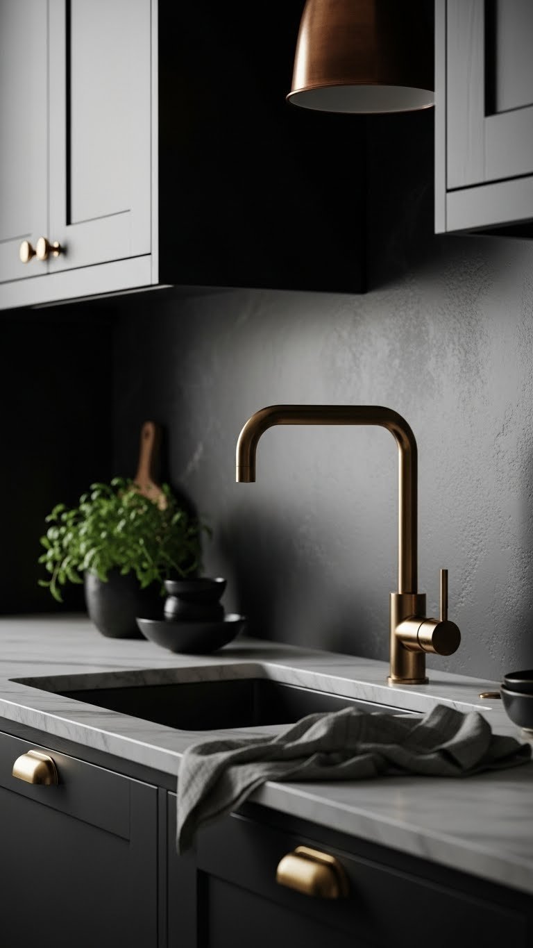 Moody Scandi Kitchen: 5 Genius Tips For A Dark Modern Look 8 Sleek matte black kitchen faucet with brushed brass accents against dark textured backsplash