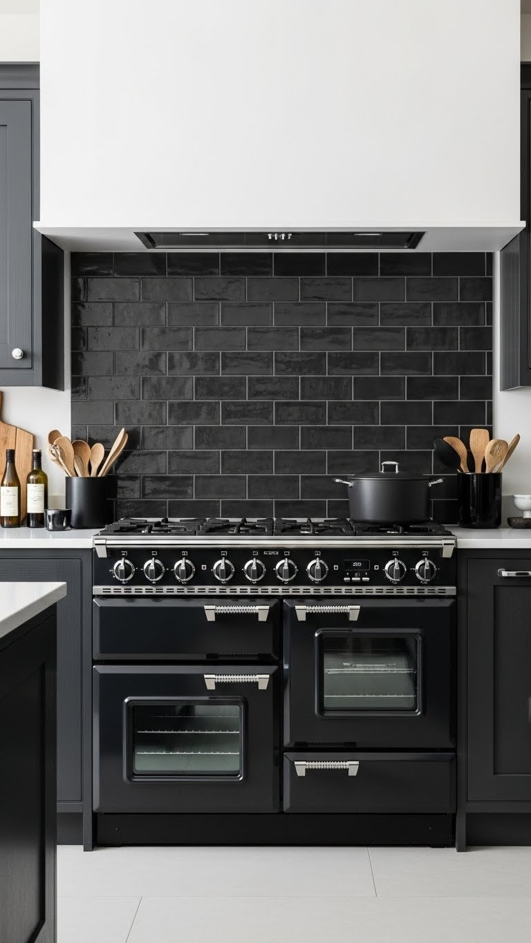 Dark Kitchen Aesthetic: 7 Ideas For Elevated Cooking 9 Sleek matte black range cooker seamlessly integrated into deep-hued kitchen cabinetry with dark polished subway tiles.
