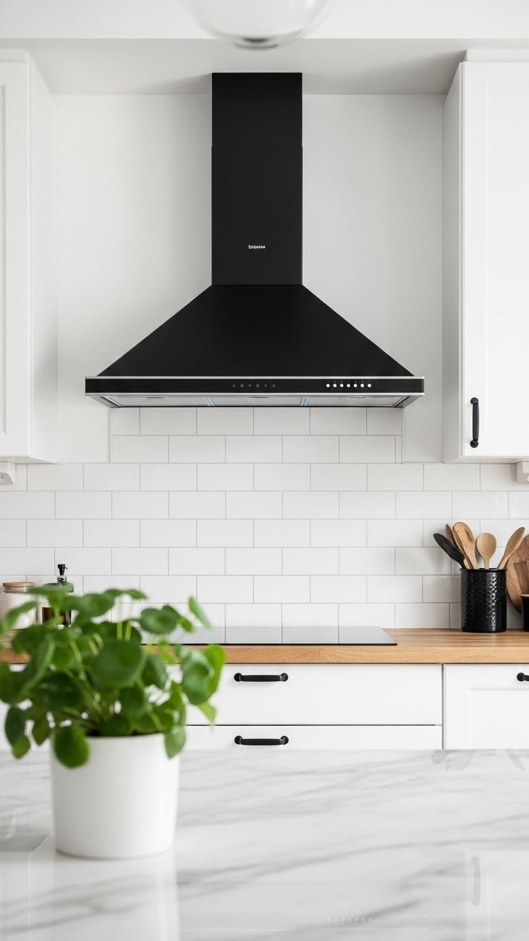 Sleek matte black wall-mounted range hood contrasting against white subway tile backsplash in minimalist kitchen.