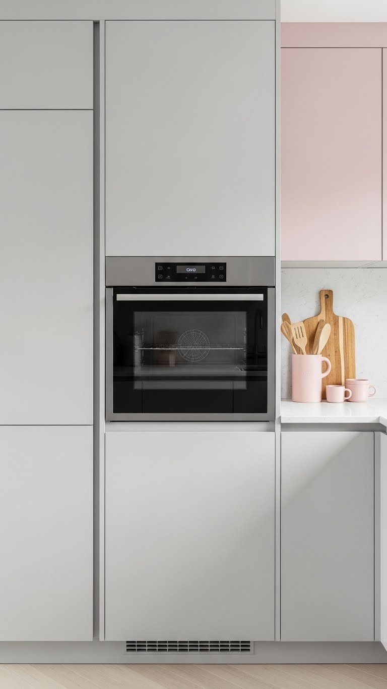 Sleek minimalist enclosed kitchen with compact integrated appliances including built-in oven and panel-ready refrigerator.