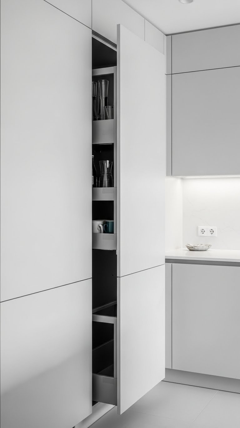 Sleek minimalist kitchen wall with handleless cabinetry and concealed pull-out pantry unit in bright daylight