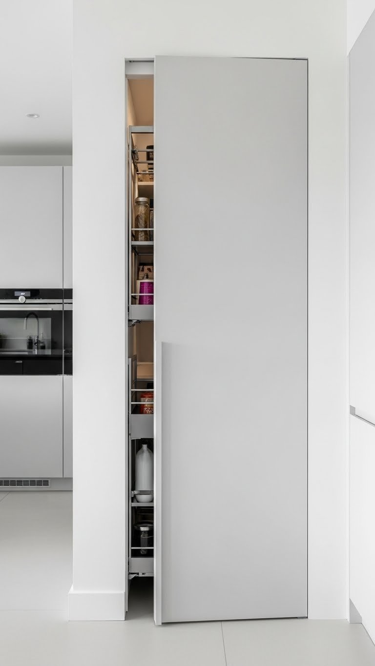Sleek, minimalist kitchen with a modern pocket pantry door, showcasing a space-saving and organized interior.