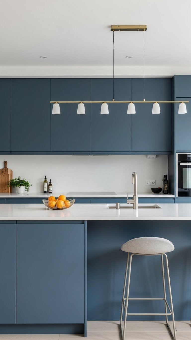 Sleek modern Scandinavian kitchen with integrated blue cabinetry, white composite countertop, and minimalist design