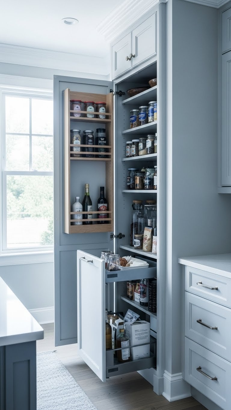 11 Genius Kitchen Pantry Nook Ideas To Maximize Space 3 Sleek modern built-in pantry nook with organized shelves and pull-out drawers seamlessly integrates into minimalist kitchen cabinetry.
