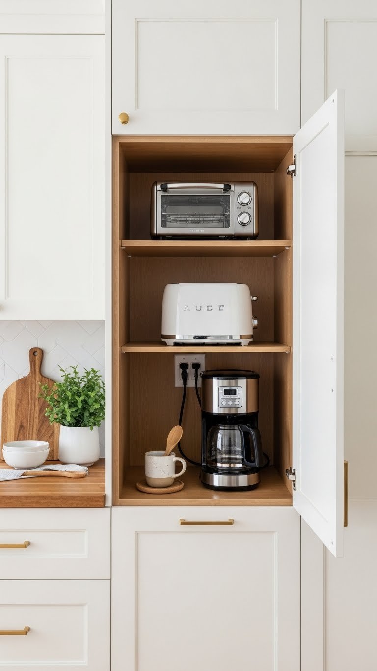 9 Smart Kitchen Pantry Ideas For Appliance Storage 1 Sleek modern kitchen pantry appliance garage conceals a toaster and coffee maker, showcasing organized storage on polished wood countertops in warm cream tones.