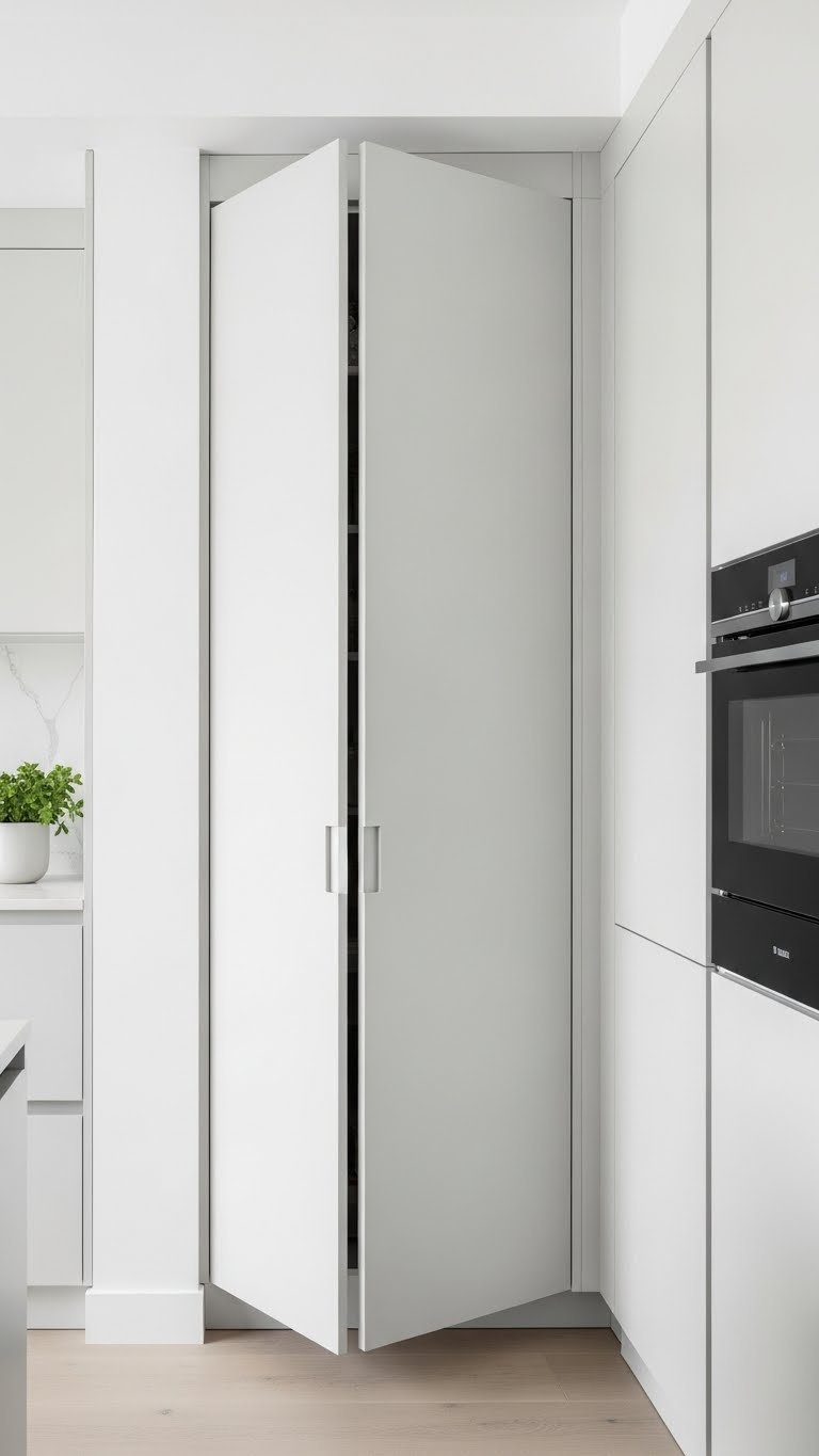 11 Corner Pantry Ideas: Maximize Kitchen Space &Amp; Style 19 Sleek modern kitchen's seamless hidden corner pantry door offers concealed storage.