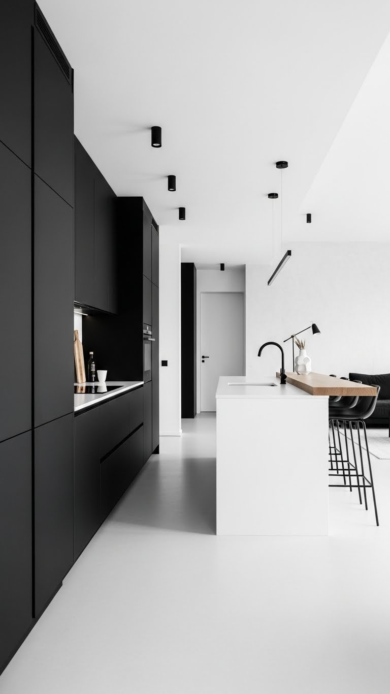 Sleek, modern minimalist open kitchen living room. High-contrast black cabinets, white island, concrete floor. Black & white design.