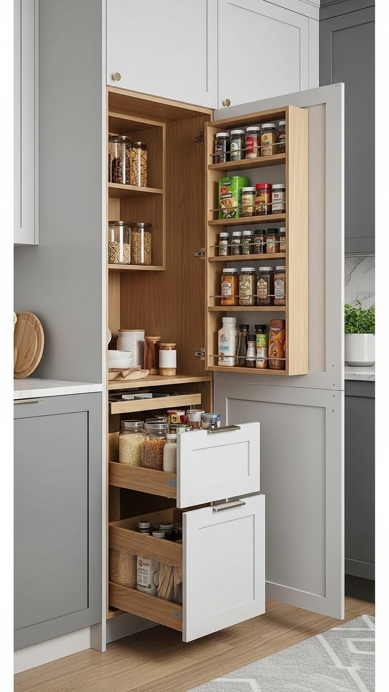 Small Indian Pantry: 7 Smart Organization &Amp; Design Ideas 13 Sleek modern modular pantry unit in an Indian kitchen features pull-out drawers for dals, spice racks, and adjustable shelves.