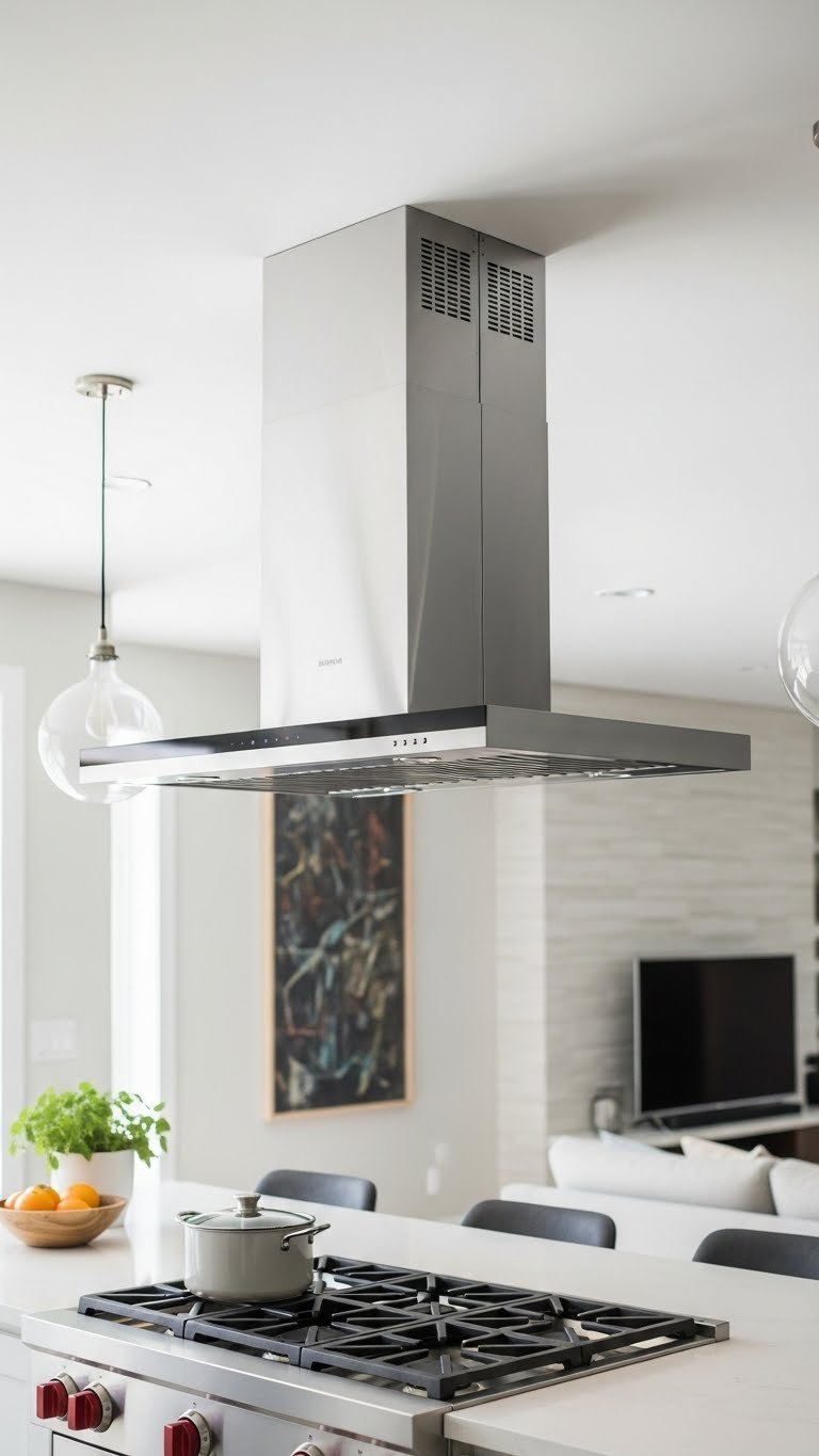 Sleek modern range hood over island cooktop in open kitchen. Stainless steel and white quartz, preventing smells in a bright, clean space.