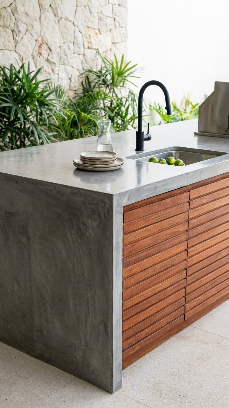 Sleek modern rustic outdoor kitchen with polished concrete countertop and Ipe wood cabinets with minimalist faucet.