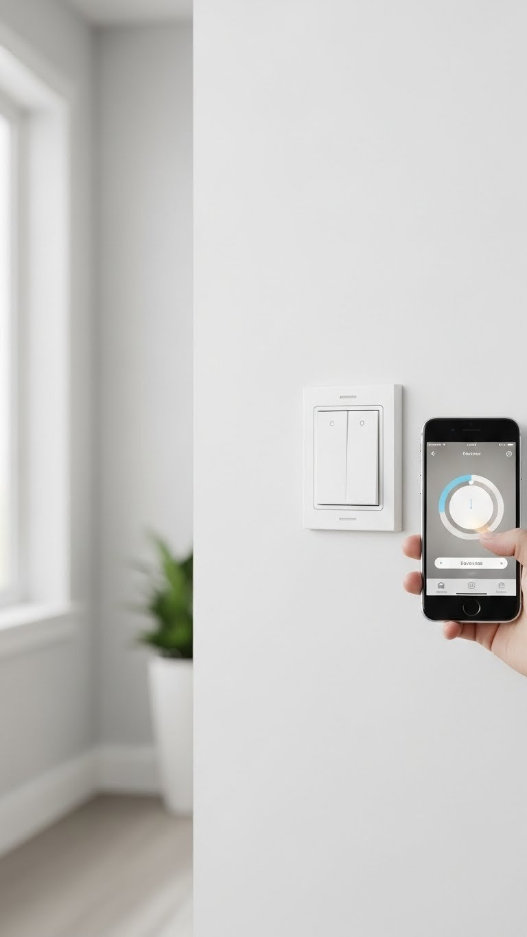 Sleek modern smart lighting dimmer switch on a neutral wall with a phone displaying the companion app. Smart home control technology.