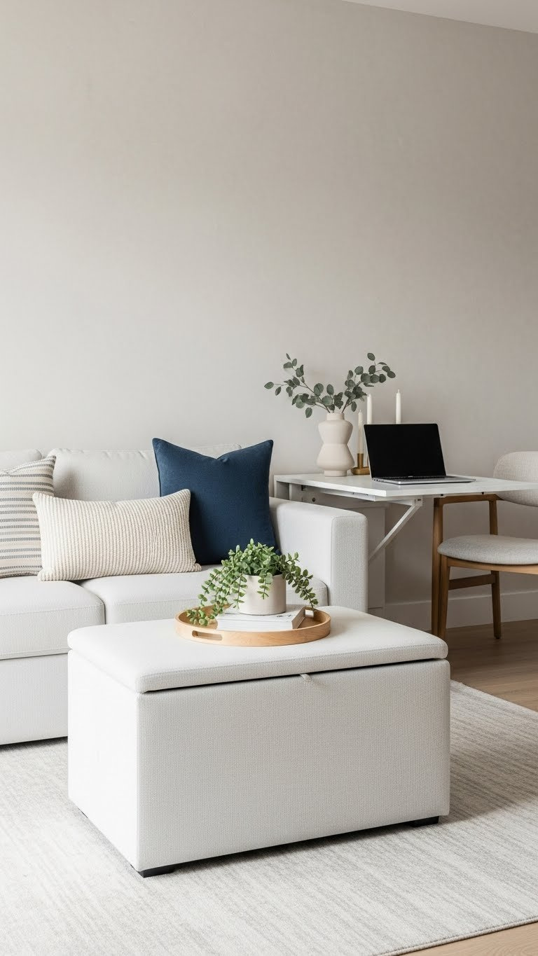 Small Kitchen Living Room Combo: 9 Genius Design Ideas 3 Sleek modular sofa with storage ottoman coffee table in minimalist living area with extendable console table workstation