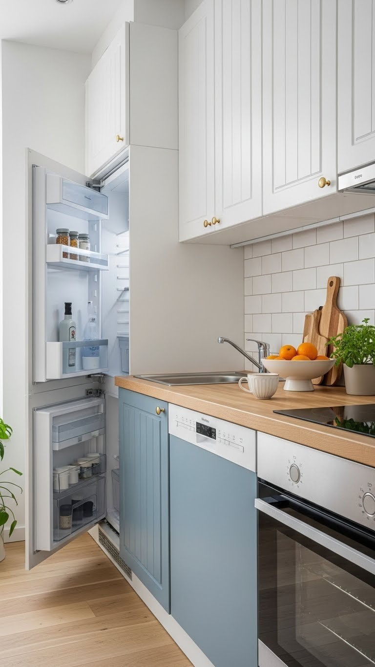 Sleek narrow kitchen featuring integrated counter-depth refrigerator and slim dishwasher with minimalist fruit bowl