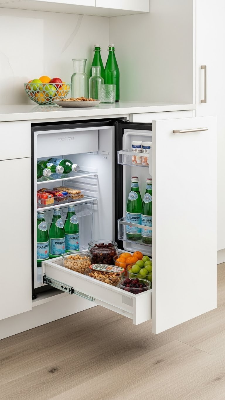Small Office Kitchen: 11 Smart Ideas For Max Productivity 3 Sleek office mini-fridge and snack drawer filled with healthy beverages and granola bars in modern kitchen