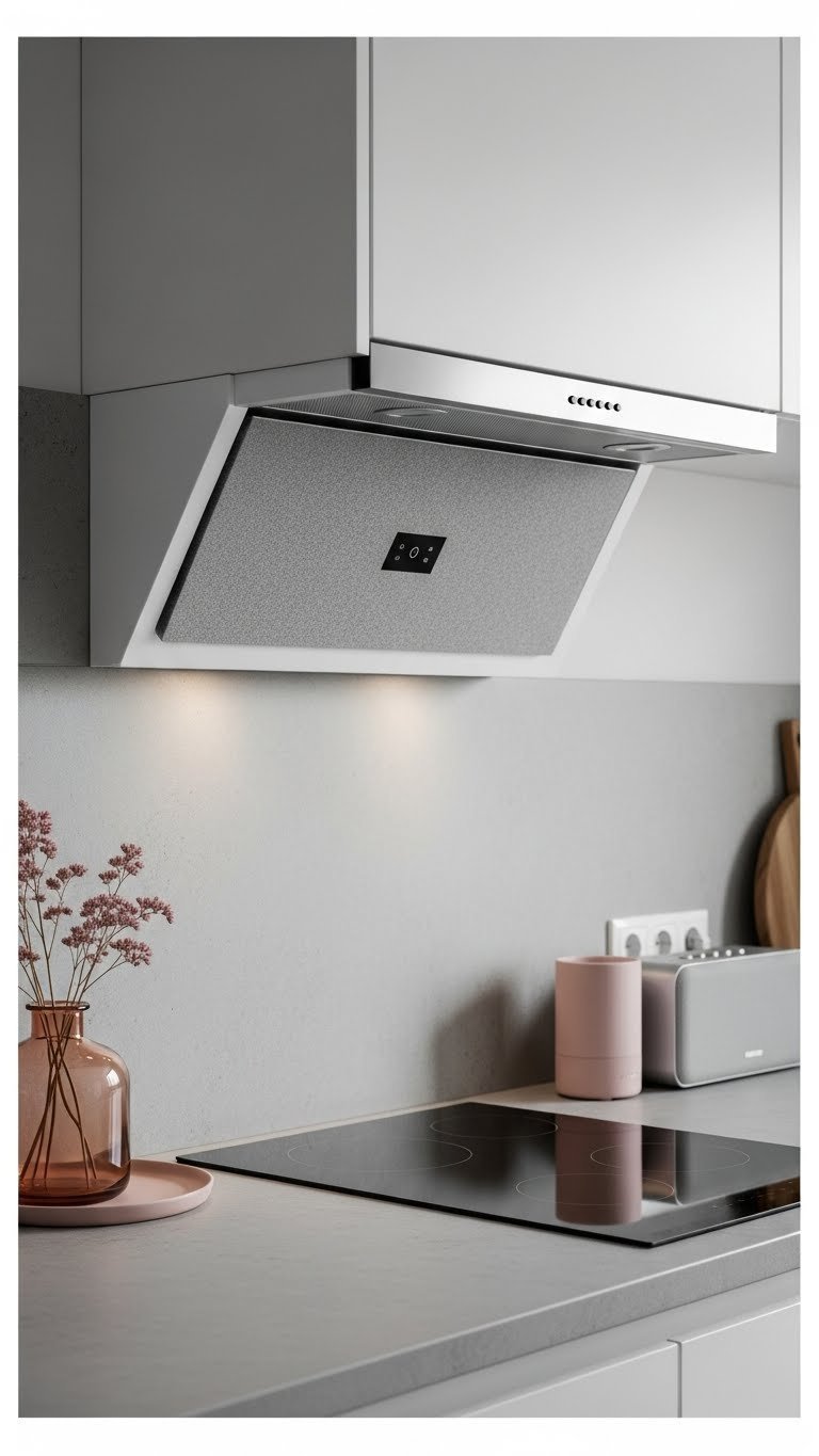 Sleek open concept kitchen with integrated range hood and minimalist gray acoustic paneling in living room. Subtle soft pink accents.
