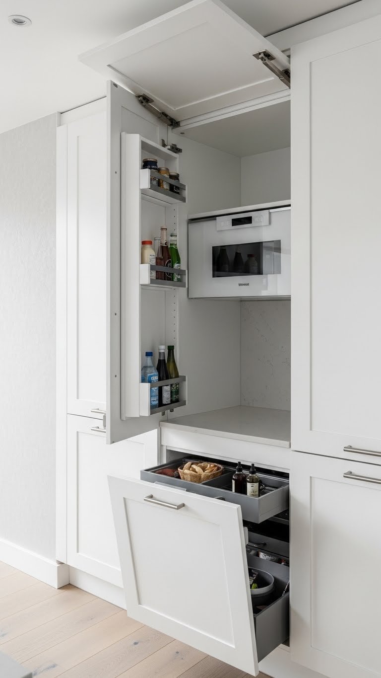 Sleek open plan kitchen with hidden storage, integrated appliances, and floor-to-ceiling cabinetry in white and light gray. Modern minimalist design.