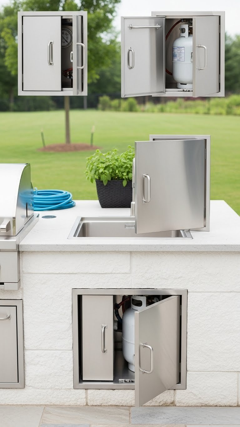 Sleek outdoor kitchen featuring various stainless steel access doors revealing propane tanks and utility connections.