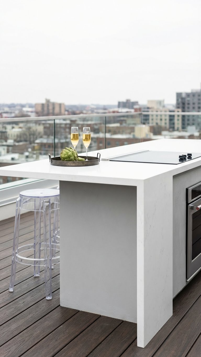 Outdoor Kitchen Island Ideas For Small Spaces With Seating 12 Sleek outdoor kitchen island with waterfall quartz countertop and acrylic stools on rooftop terrace