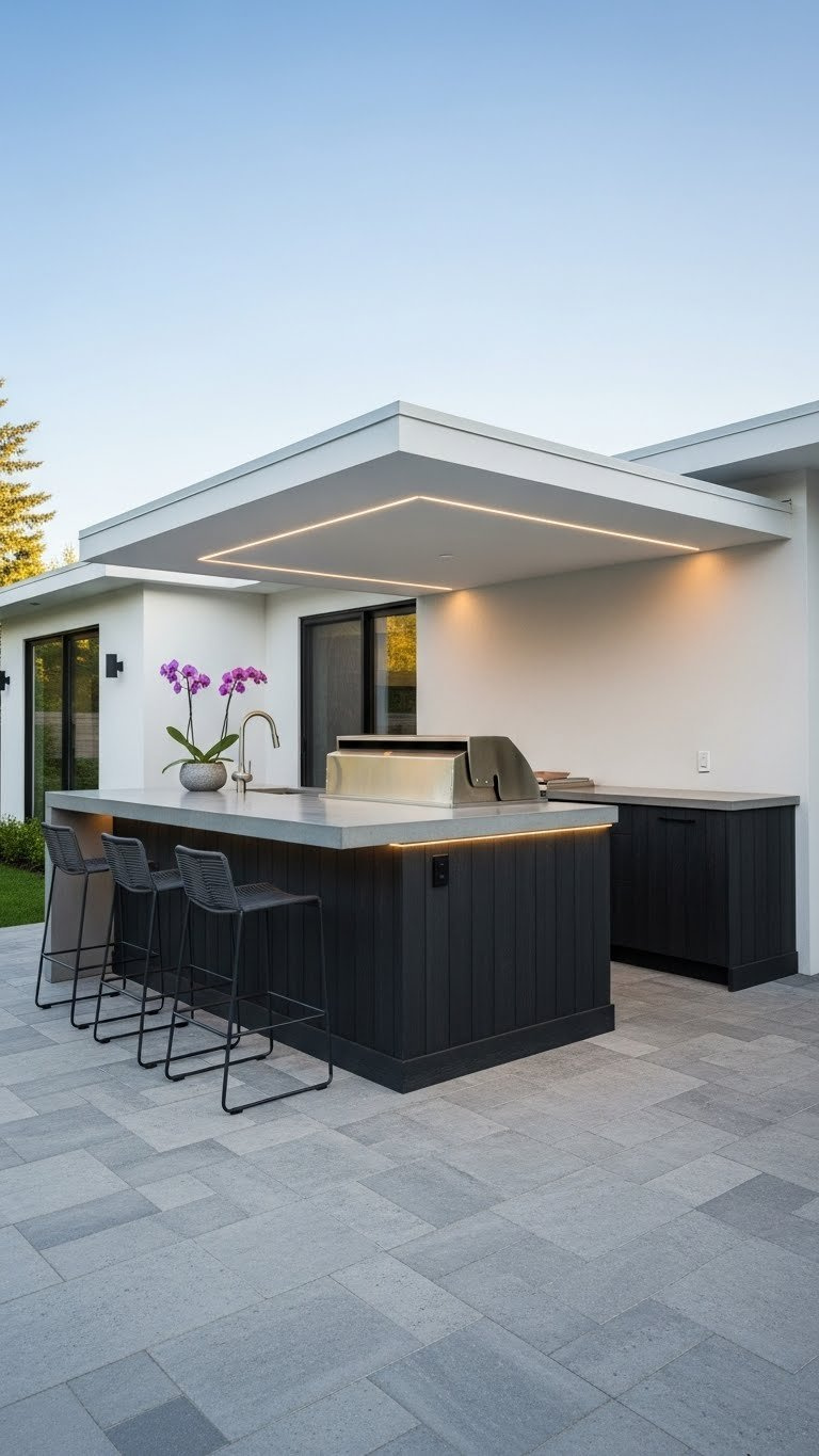 Sleek outdoor kitchen with concrete countertop under minimalist cantilevered cover on gray paver patio with modern house backdrop
