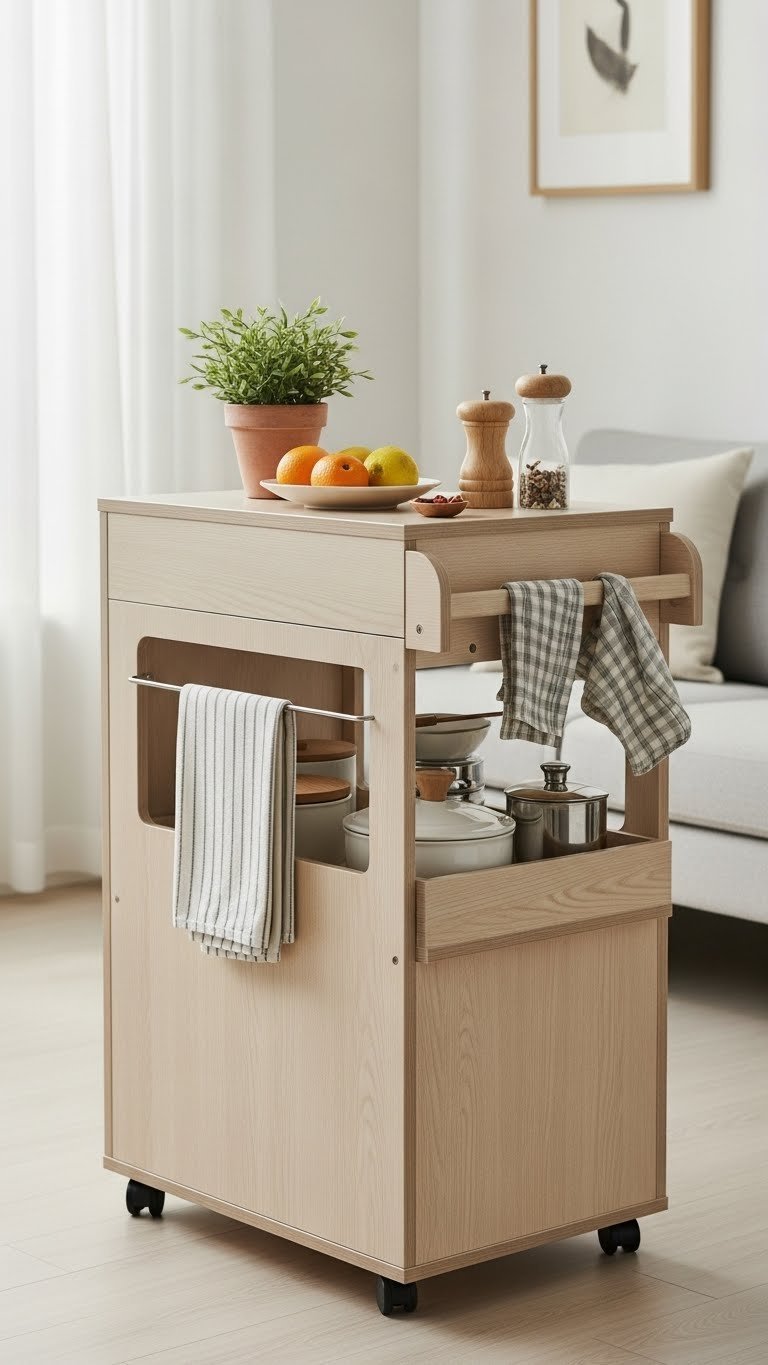 Sleek pale wood portable kitchen island with integrated storage in minimalist Korean cooking space