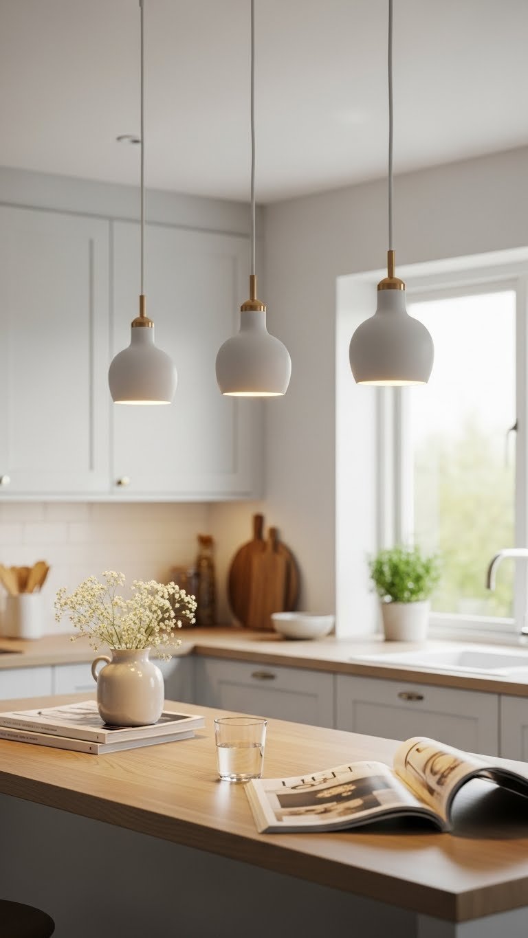 Scandi Kitchen Breakfast Bar: Ultimate Design Guide For Homes 11 Sleek pendant lights hanging above a Scandinavian breakfast bar casting warm glow in a minimalist kitchen setting.