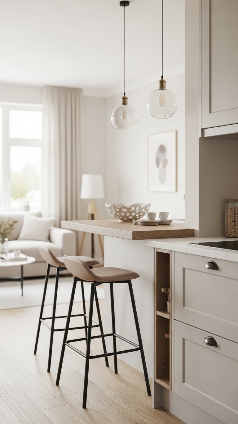 Sleek peninsula breakfast bar dividing small open-plan kitchen from living area with modern seating