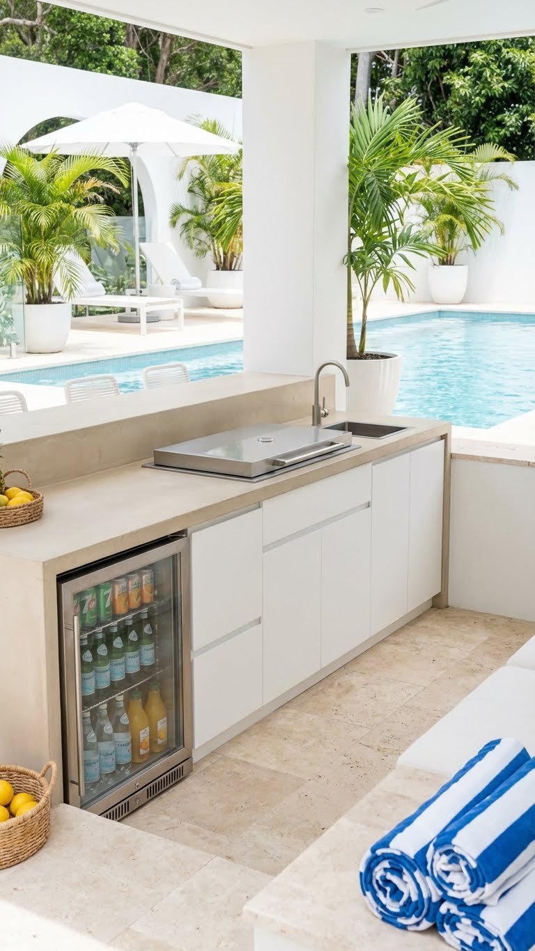 Outdoor Kitchen Villa Design Ideas For Luxury Entertaining 9 Sleek resort-style outdoor kitchen with white cabinets and concrete countertop next to sparkling swimming pool.