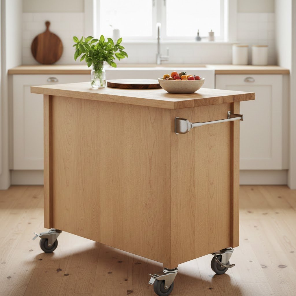 Sleek rolling kitchen island with butcher block top and locking caster wheels in bright compact kitchen with soft bokeh background