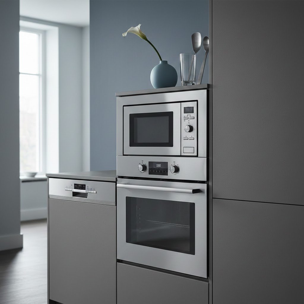 Sleek small kitchen with integrated compact appliance like microwave-oven combination seamlessly blending into cabinetry