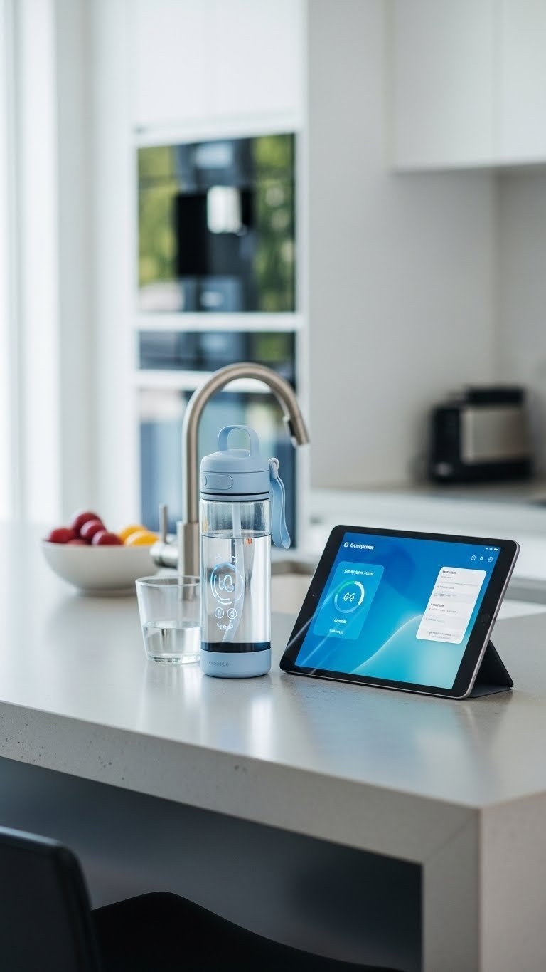 Sleek smart water bottle with LED lights glowing next to tablet on concrete kitchen island.
